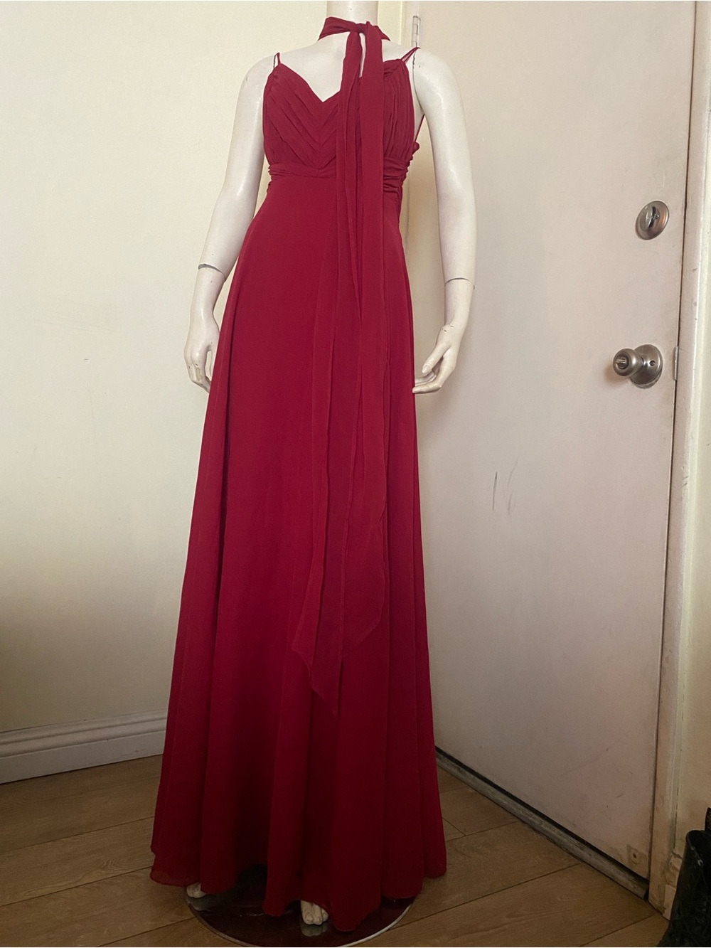 Elegant Berry Chiffon Evening Gown with V-Neck and Scarf Detail